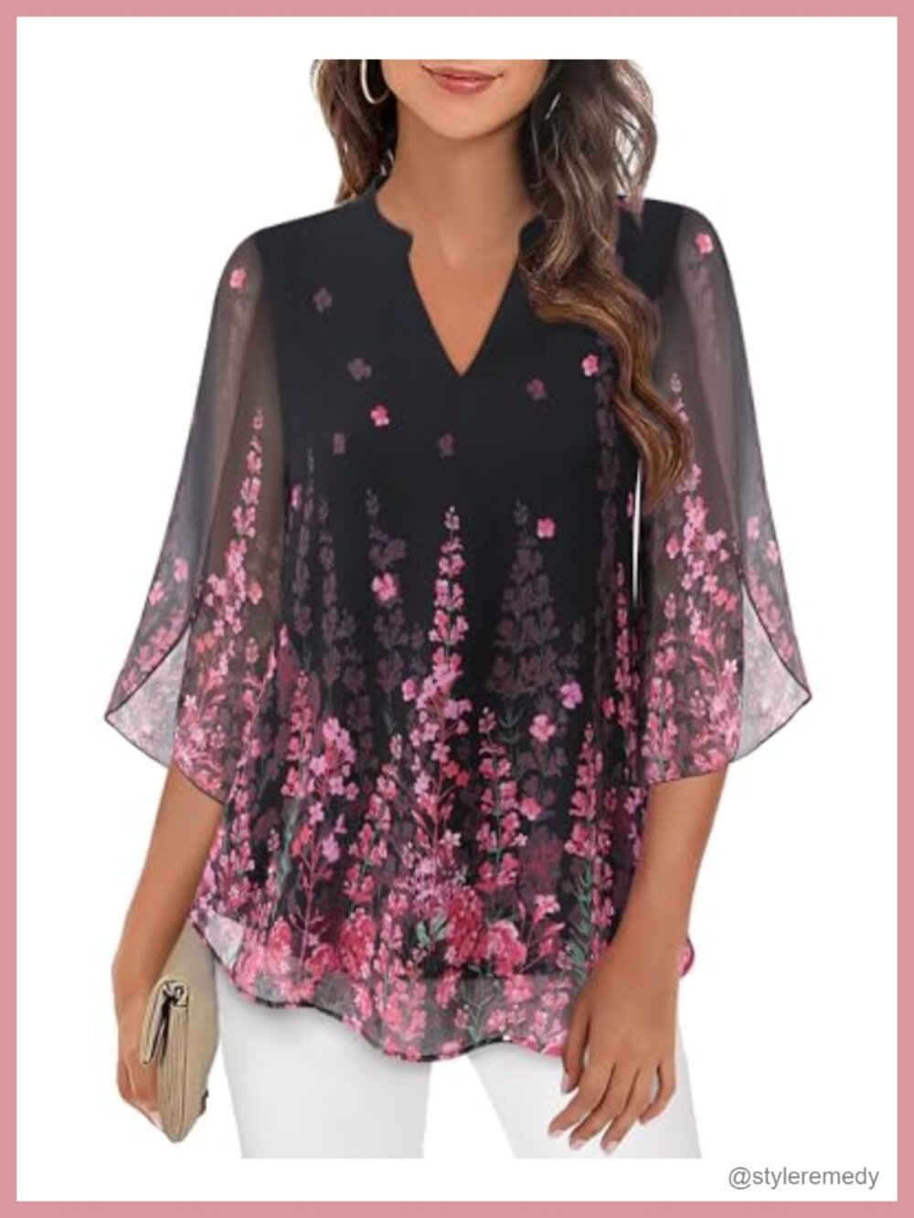 Womens Chiffon Blouse 3/4 Bell Sleeve V Neck Double Layer Tunic Top